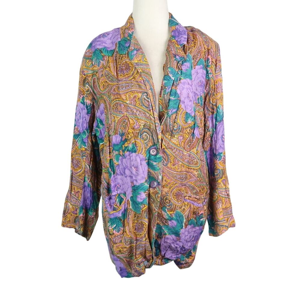 Vintage 90s Yellow Paisley Purple Rose Floral Blazer Jacket M